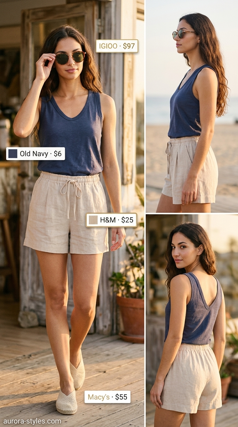 Relaxed linen shorts outfit for women 2026. White scoop neck tank with natural linen shorts, espadrilles, and straw tote for a casual beach look.