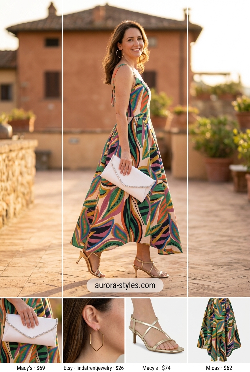 Sunset maxi dress outfit for women 2026. Vibrant coral and teal abstract print dress with gold statement earrings and metallic heels.
