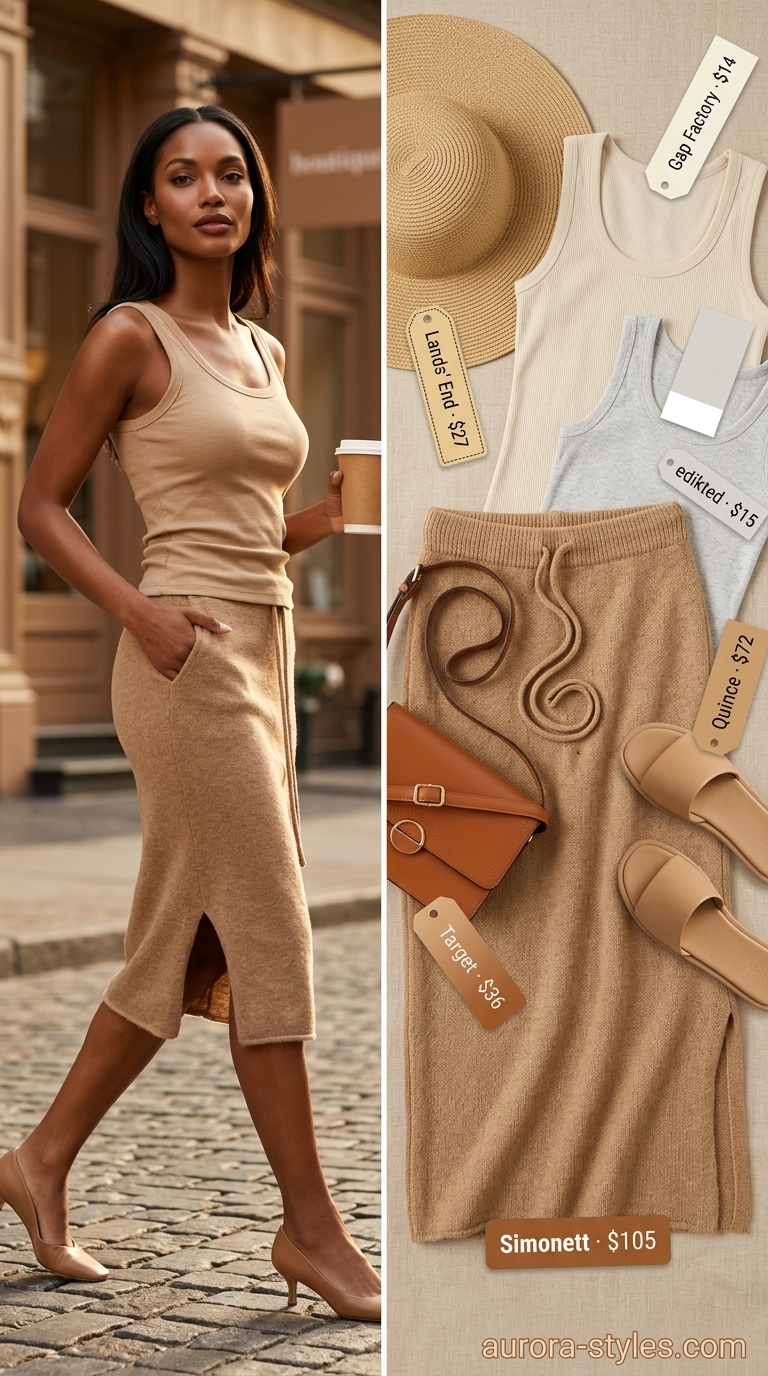 Weekend brunch outfit for women 2026. Cream ribbed midi skirt with a scoop neck tank, leather slides, and straw hat for a relaxed, casual look.