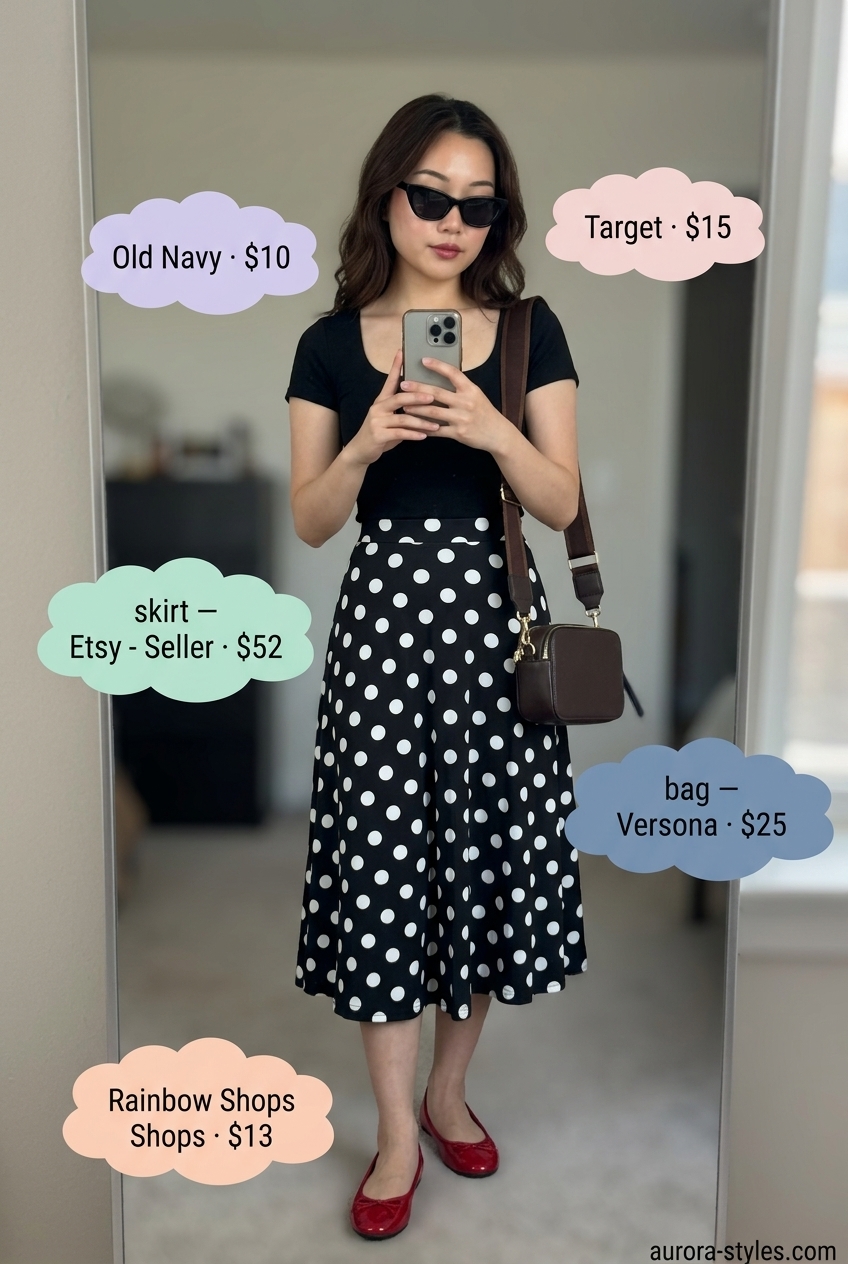 Playful Pattern: Black scoop neck top, polka dot midi skirt, and ballet flats. Summer Scoop Neck outfits for women 2026.