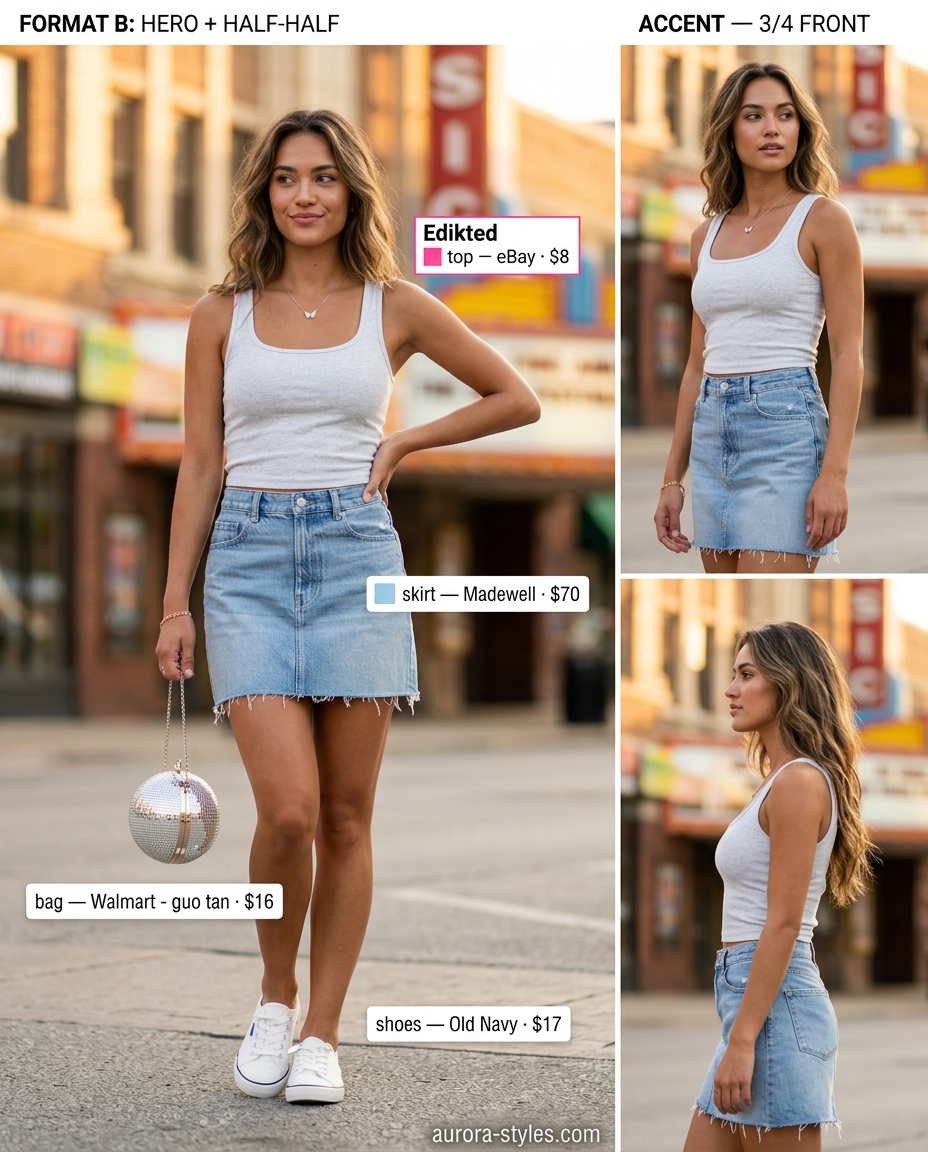 Retro Denim Mini: Hot pink scoop neck tee, denim mini skirt, and sneakers. Summer Scoop Neck outfits for women 2026.