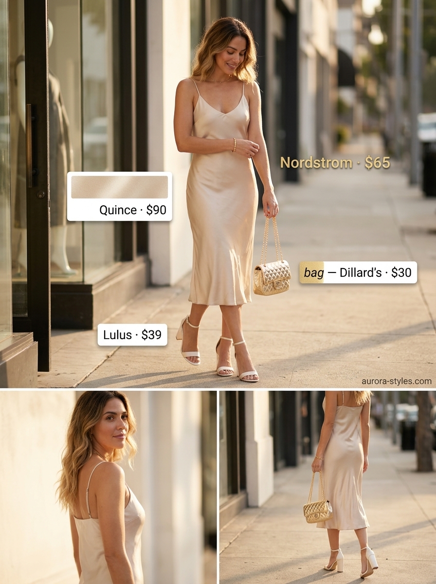 Elegant slip dress outfit for women 2026. Champagne scoop neck slip dress with gold strappy heels and a chain bag for evening events.
