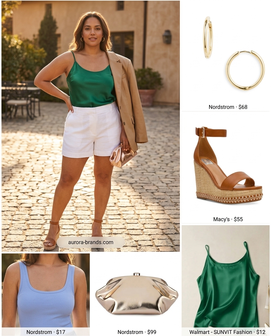 Summer Evening Elegance: Emerald green scoop neck top, white linen shorts, and gold accessories. Summer Scoop Neck outfits for women 2026.
