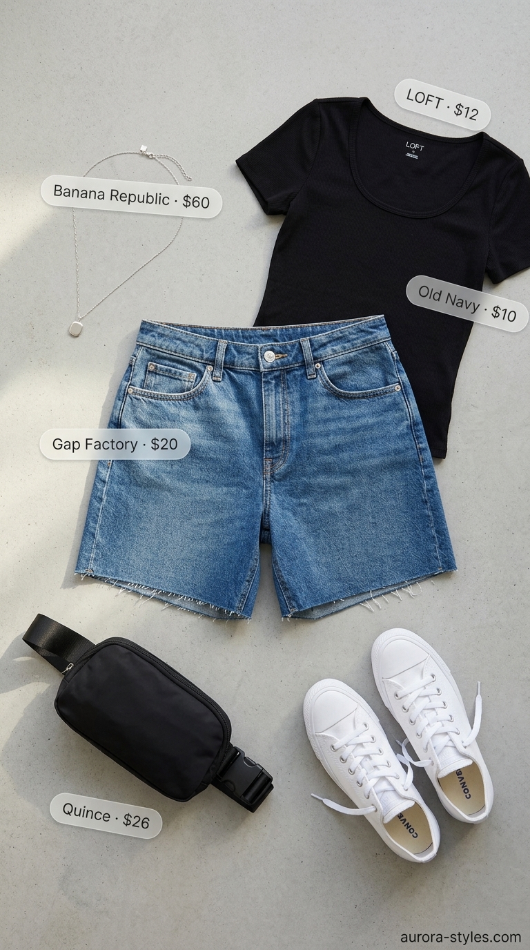 Urban Explorer: Black scoop neck tee, denim shorts, and belt bag. Summer Scoop Neck outfits for women 2026.