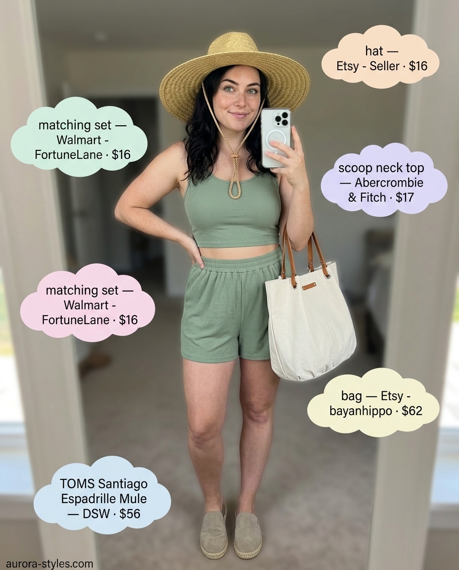 Weekend Getaway: Sage green scoop neck set, espadrilles, and straw hat. Summer Scoop Neck outfits for women 2026.