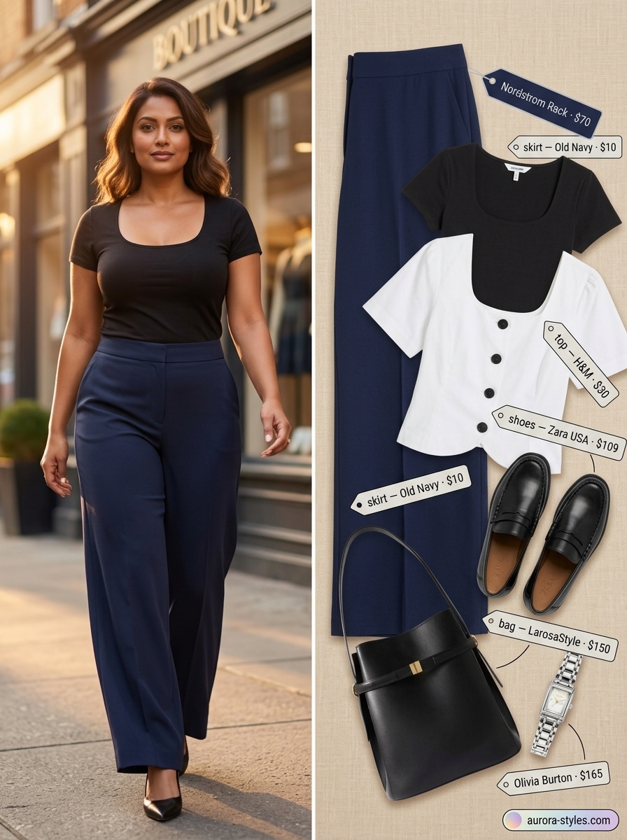Chic wide-leg work pants outfit for women 2026. Navy trousers with a white scoop neck shirt, loafers, and leather tote for professional style.