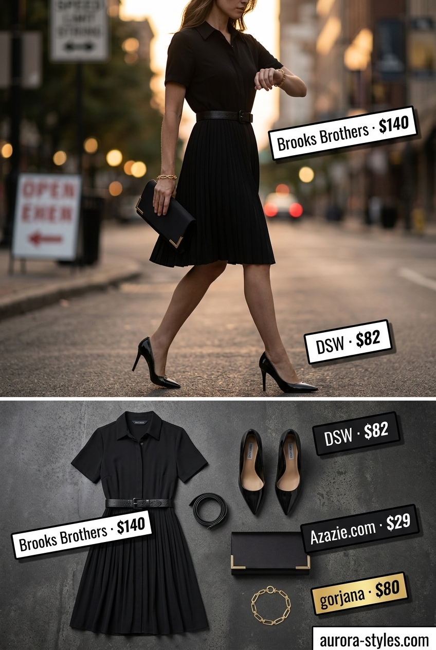 Chic black shirt dress for women 2026 with pointed heels and gold chain bracelet.