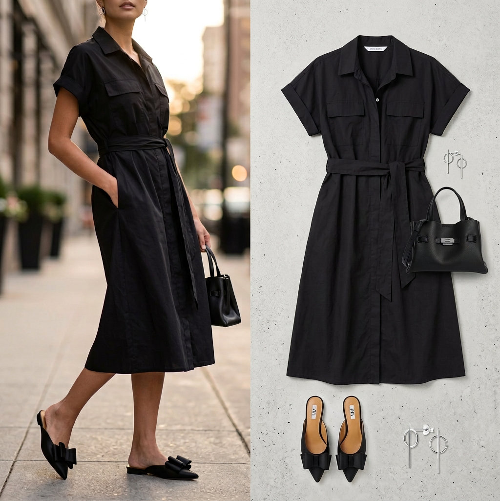 Black minimalist shirt dress for women 2026, sophisticated for evening drinks. Styled with mules & mini bag.