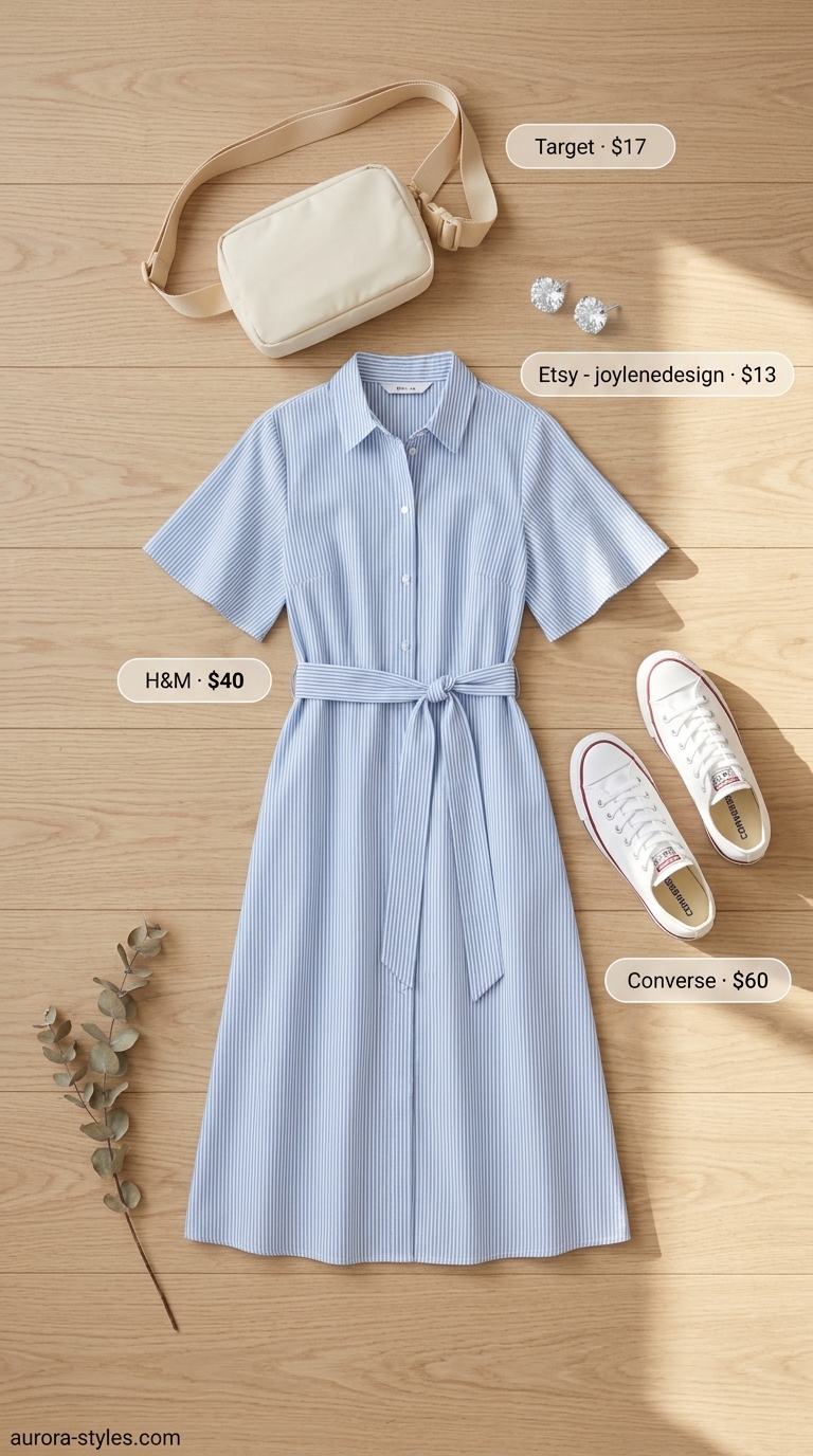 Breezy sky blue shirt dress for women 2026 with canvas sneakers and crossbody bag.