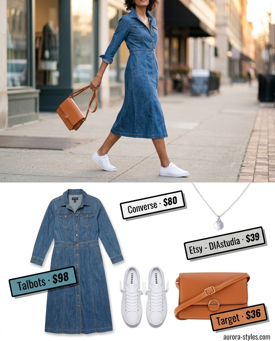 Casual denim shirt dress for women 2026 in medium wash with tan crossbody and white sneakers.