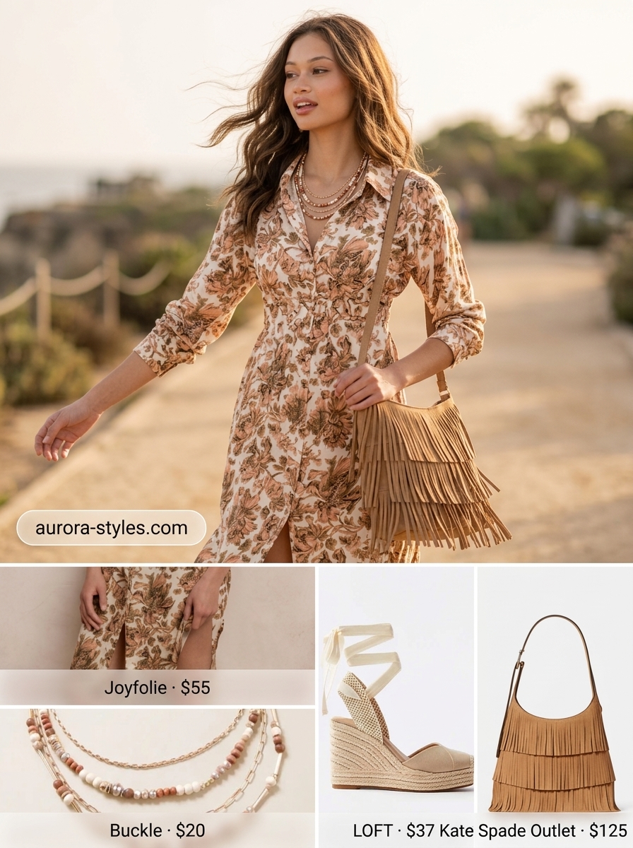 Bohemian floral shirt dress for women 2026 with espadrilles and layered necklaces.