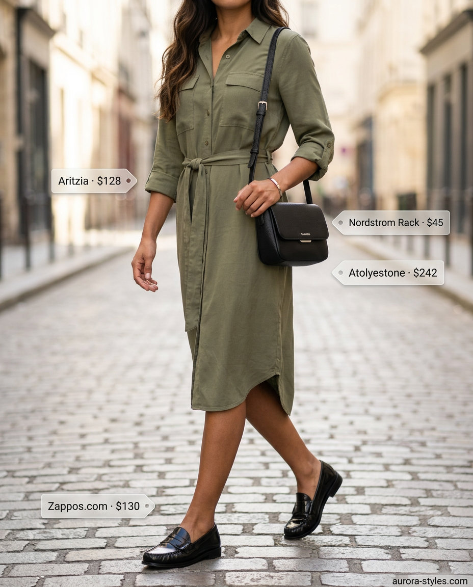 Olive green utility shirt dress for women 2026, chic for city exploration. Styled with loafers & crossbody.