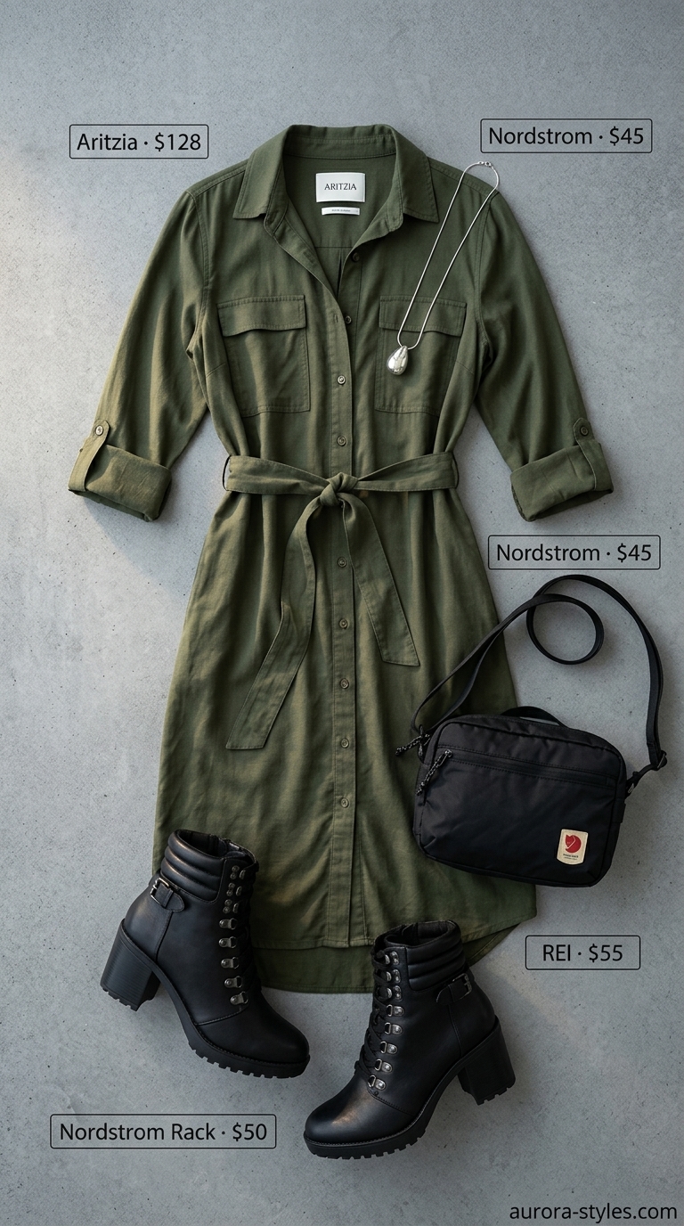 Olive green utilitarian shirt dress for women 2026, cool for city exploration. Styled with combat boots & crossbody.
