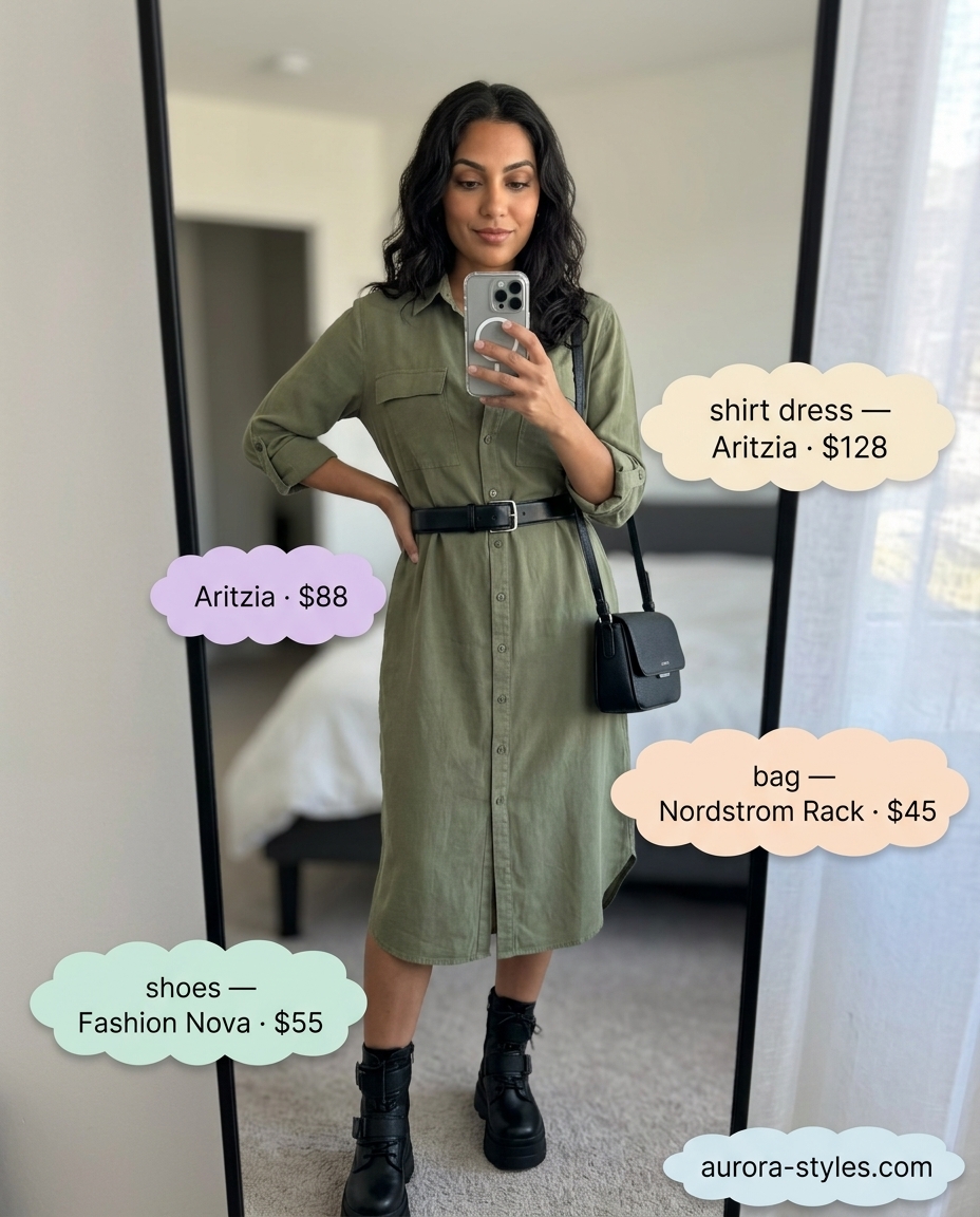 Edgy olive green shirt dress for women 2026 with combat boots and belt bag.