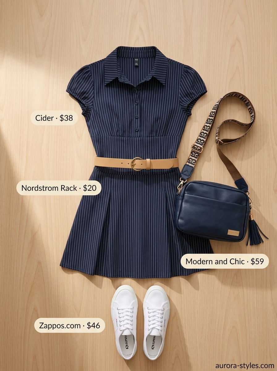 Preppy striped shirt dress for women 2026 with tan belt and white sneakers.