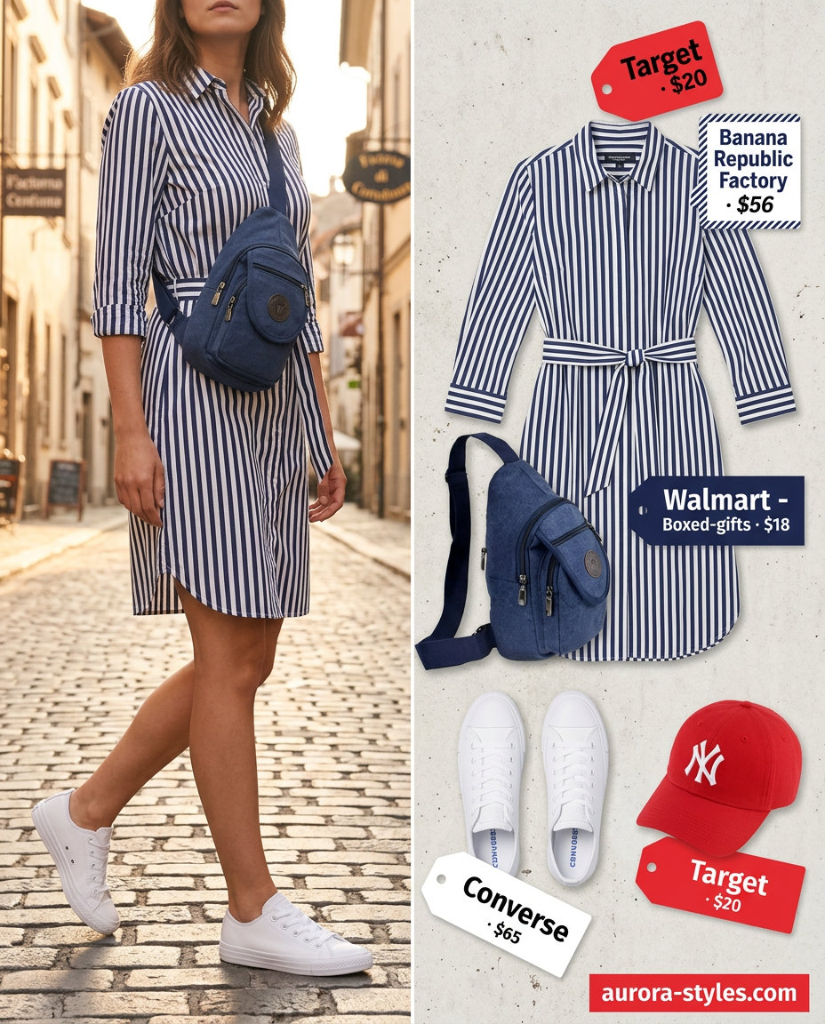 Navy and white striped shirt dress for women 2026, preppy for brunch. Styled with sneakers & cap.