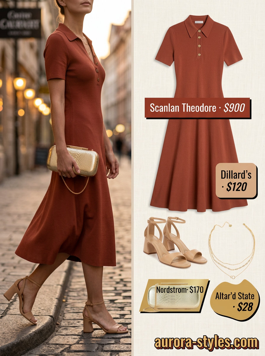 Terracotta shirt dress for women 2026, elegant for summer evenings. Paired with tan sandals & gold jewelry.