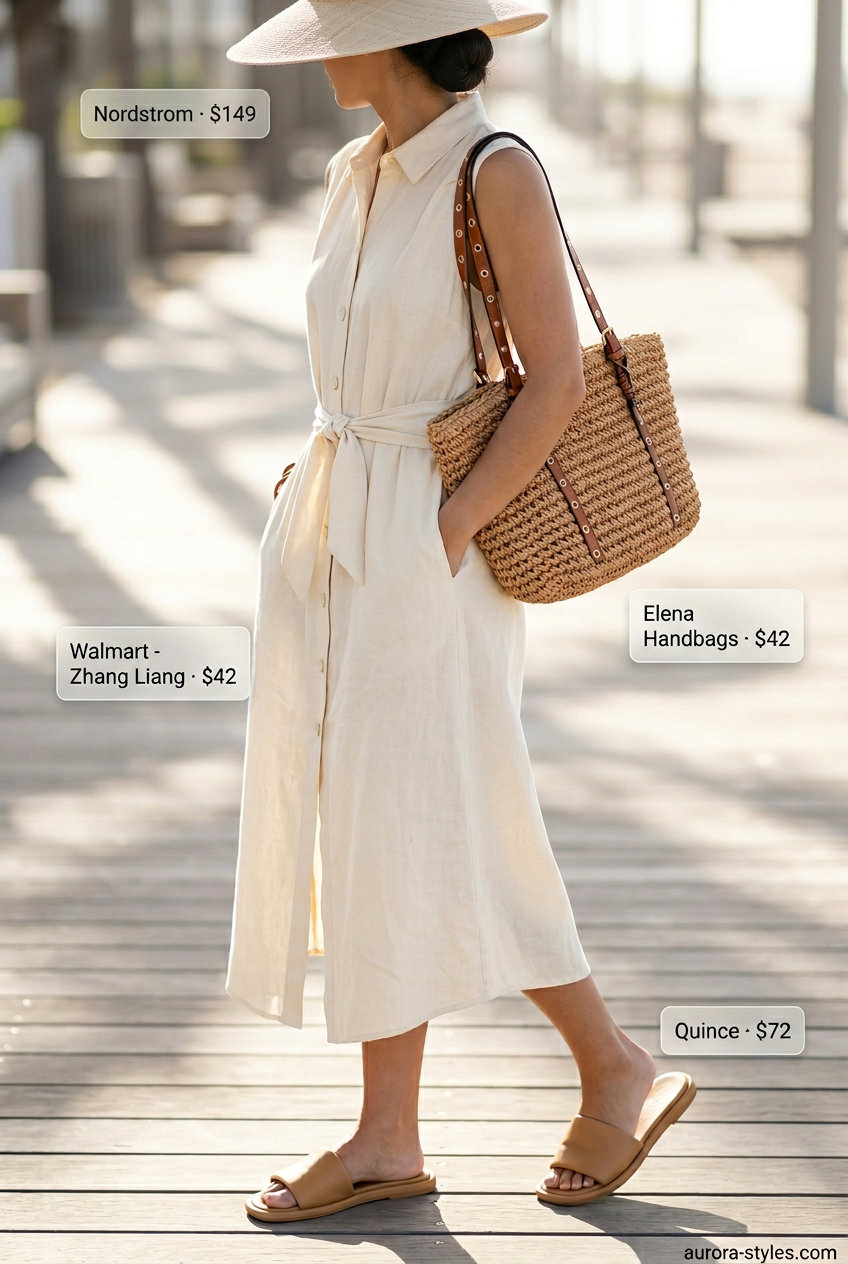 White linen shirt dress for women 2026, perfect for beach vacations. Styled with straw hat & tote.