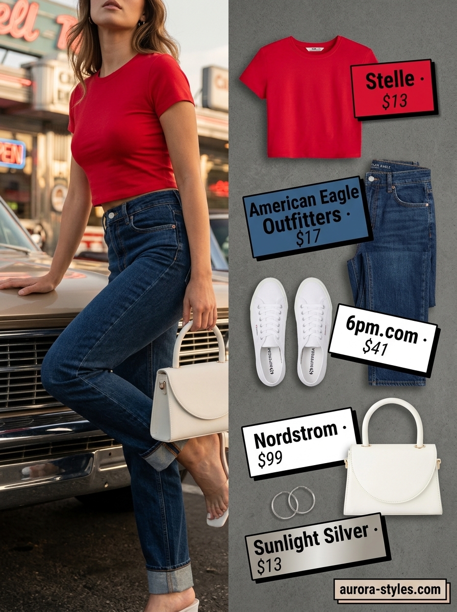 Retro Diner Darling outfit with a cherry red short sleeve t-shirt, high-waisted denim, and white sneakers for a casual outing.