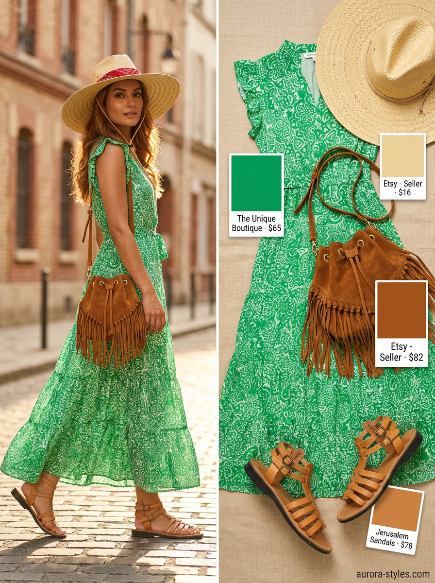 Boho paisley print sleeveless maxi dress with suede fringe bag, gladiator sandals, and straw hat. Summer sleeveless dresses for women 2026.