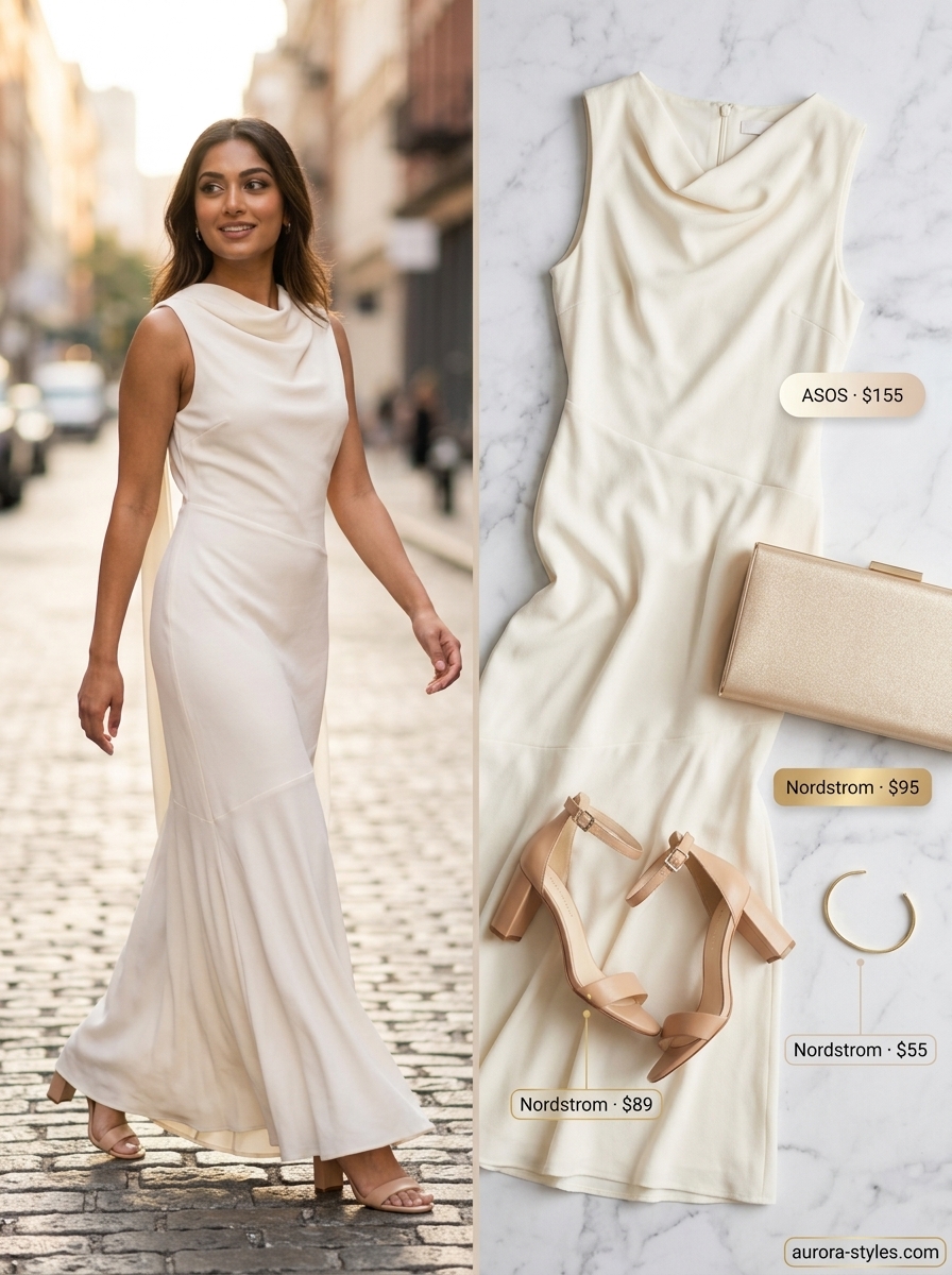 Ivory silk crepe sleeveless maxi dress with nude strappy heels, gold cuff, and champagne clutch. Summer sleeveless dresses for women 2026.
