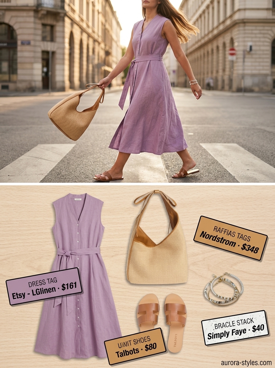 Lavender linen midi dress, a relaxed choice for summer sleeveless dresses for women 2026 farmers markets.