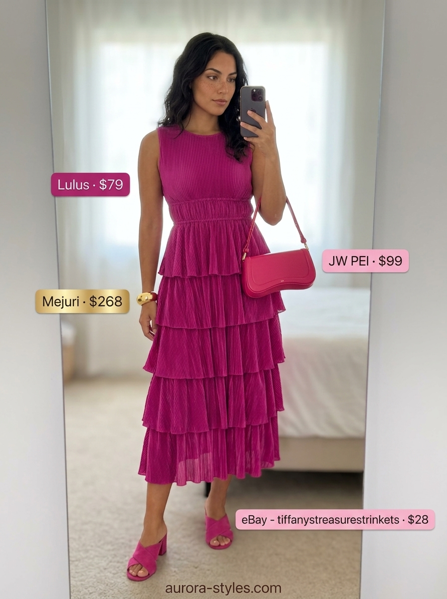 Magenta sleeveless midi dress with block heel mules, shoulder bag, and gold cuff. Summer sleeveless dresses for women 2026.