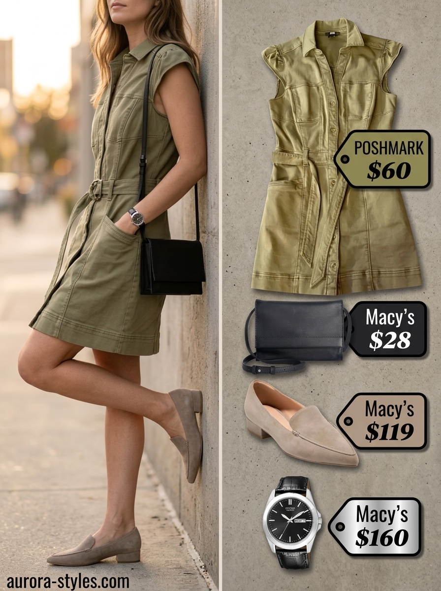 Olive green utility sleeveless dress with tan loafers, black crossbody bag, and watch. Summer sleeveless dresses for women 2026.