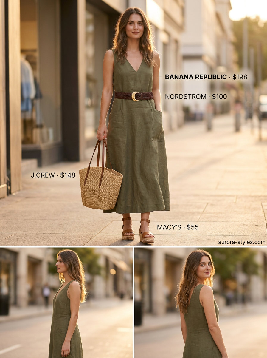 Khaki utility maxi dress, a sophisticated choice for summer sleeveless dresses for women 2026 vacations.