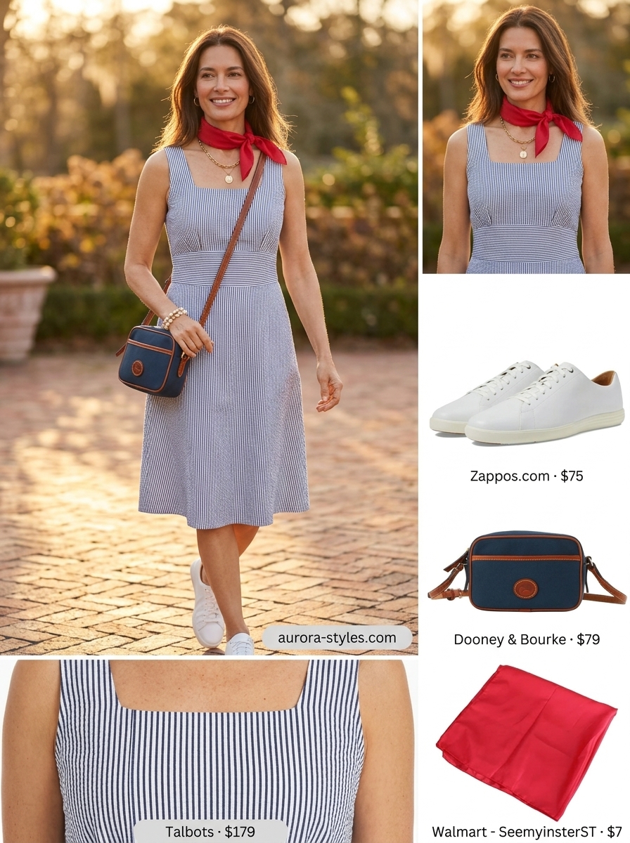 Navy and white seersucker shift dress, a preppy pick for summer sleeveless dresses for women 2026.