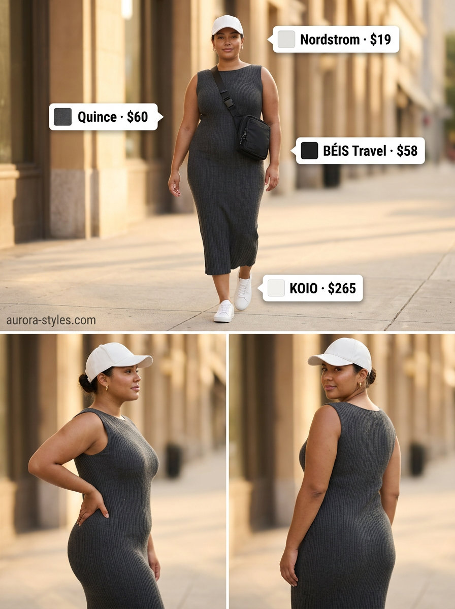 Sporty chic athleisure outfit featuring a charcoal grey sleeveless midi dress, white sneakers, black cap, and crossbody bag. Summer sleeveless dresses for women 2026.
