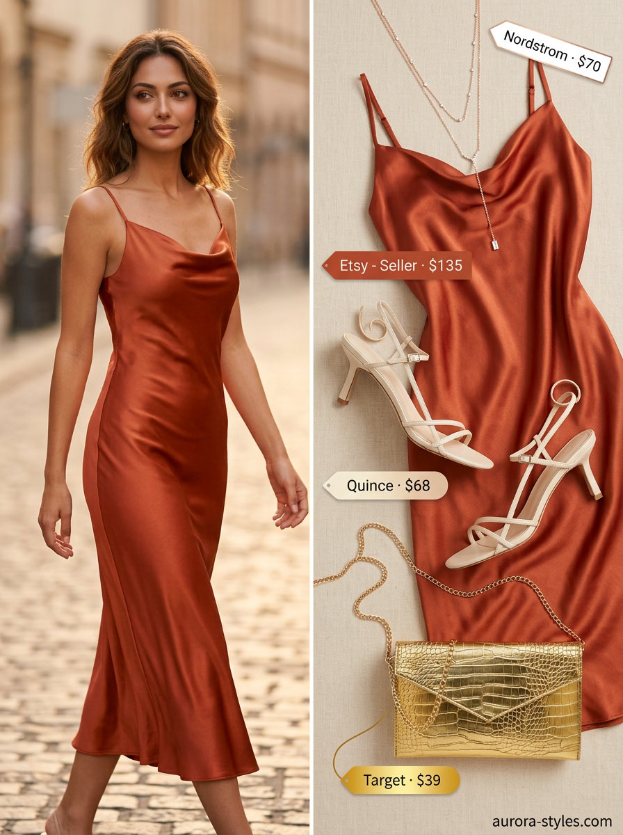 Glamorous terracotta satin sleeveless slip dress for women 2026, ideal for date nights and summer evenings.