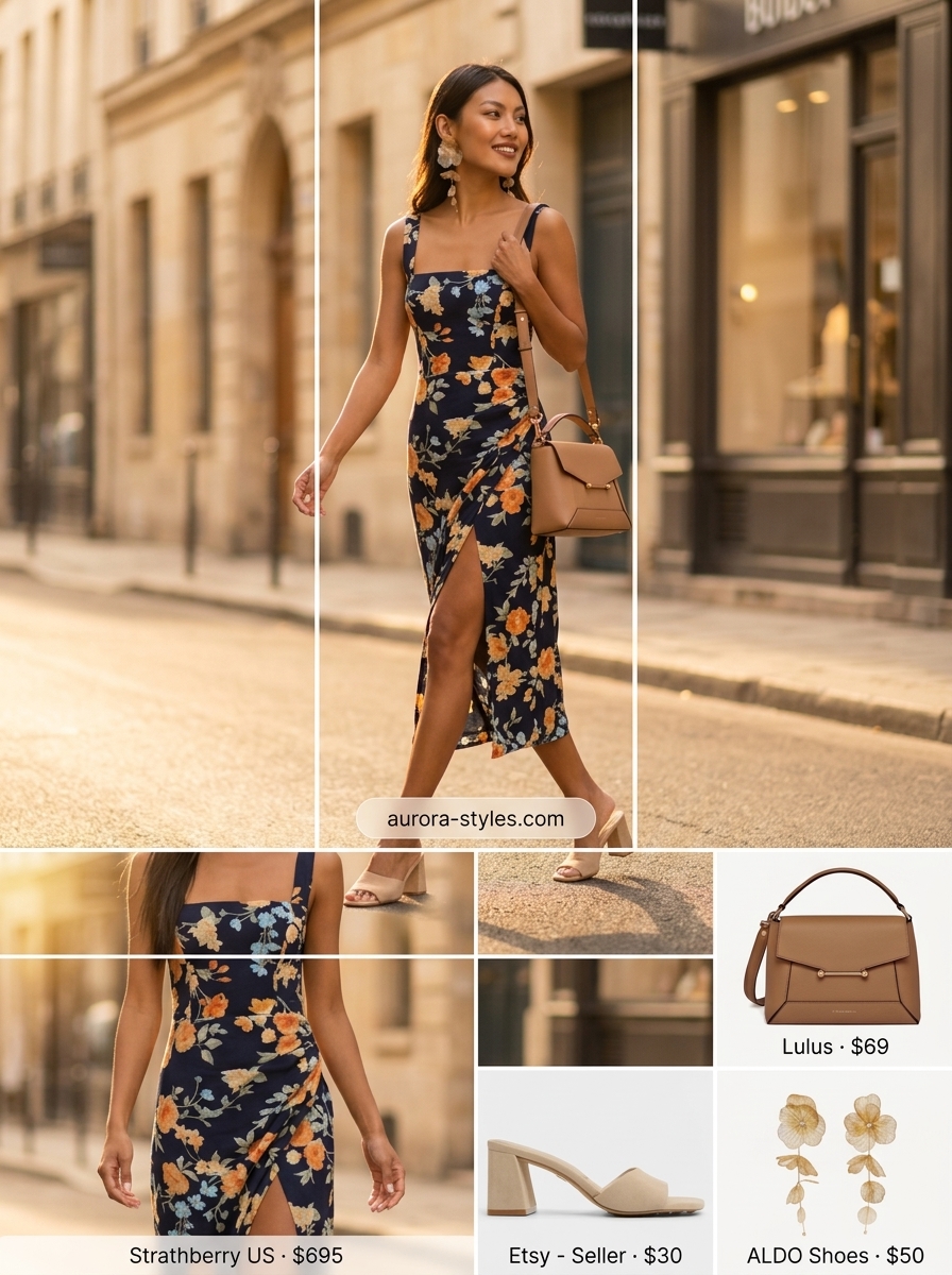 Navy floral print midi wrap dress, perfect for summer sleeveless dresses for women 2026 office casual.