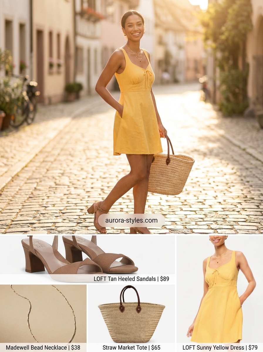 Sunshine yellow linen blend sleeveless mini dress with block heel sandals, straw tote, and beaded necklace. Summer sleeveless dresses for women 2026.