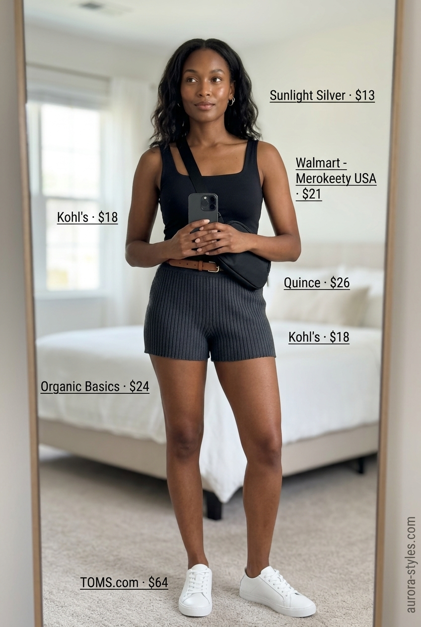 Modern athleisure outfit for women: grey square neck tank, knit shorts, sneakers. Comfortable and stylish.