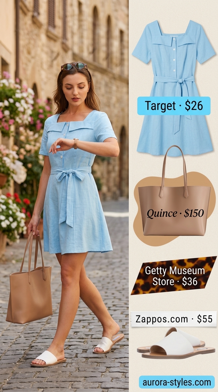 Chic light blue linen shirt dress with square neck for summer Square Neck outfits for women 2026.