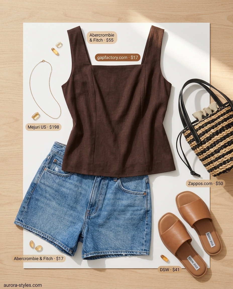 Coastal summer Square Neck outfits for women 2026: sky blue linen top, white denim shorts, straw bag.