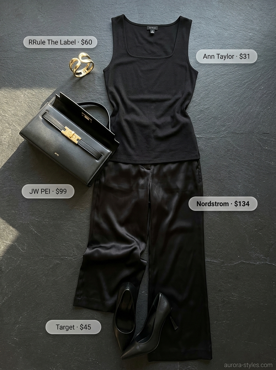 Urban chic outfit for women: black square neck bodysuit, wide-leg trousers, heels. Perfect for dinner.
