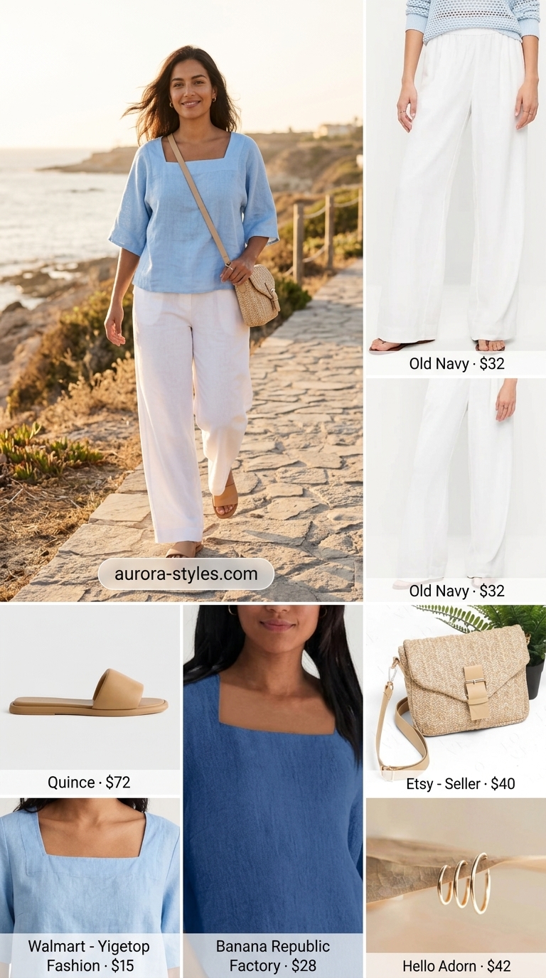 Coastal Breeze Square Neck outfit: Light blue linen top, white wide-leg pants, tan slides. Perfect summer Square Neck outfits for women 2026.