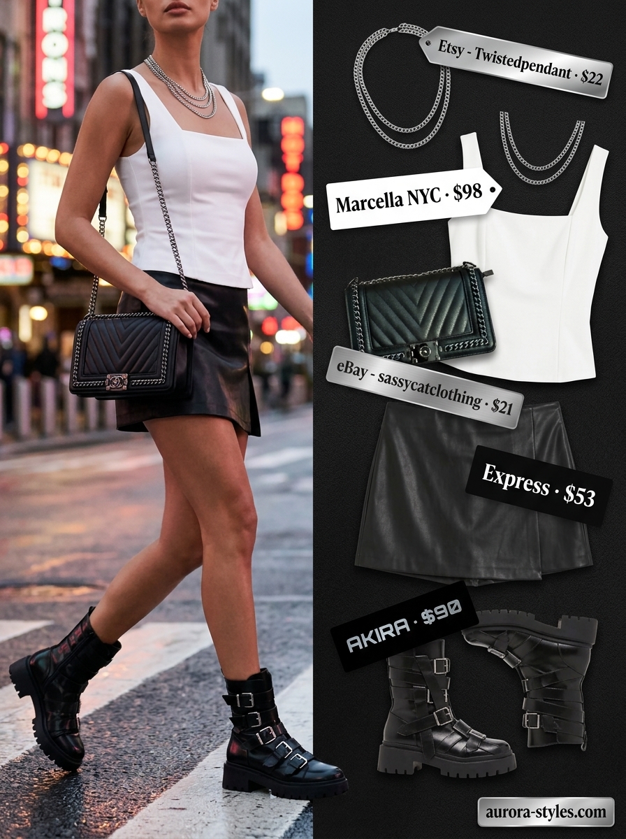 Edgy summer outfit for women: black faux leather skirt, white square neck tank, combat boots. For a night out.