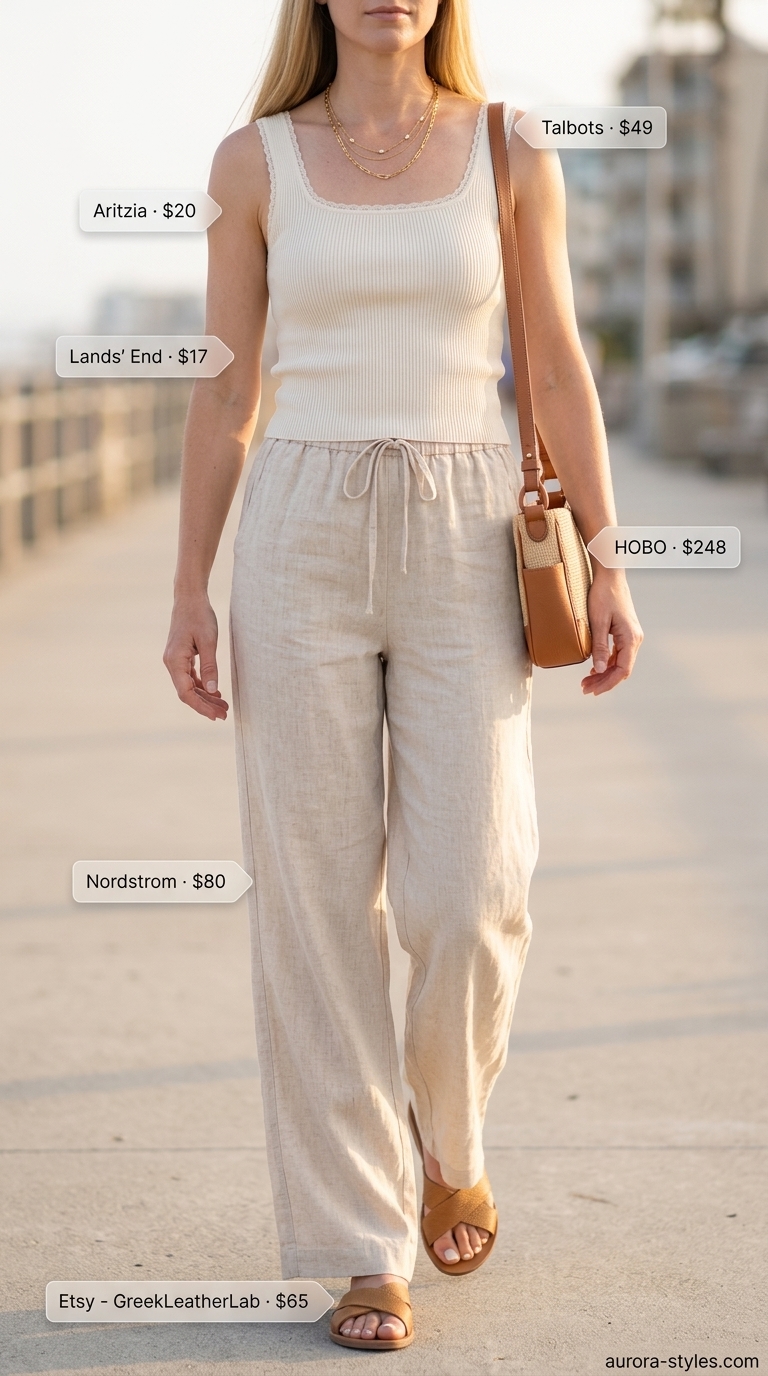 Coastal summer outfit for women: cream linen pants, sage green square neck tank, leather sandals. Effortless and breezy.