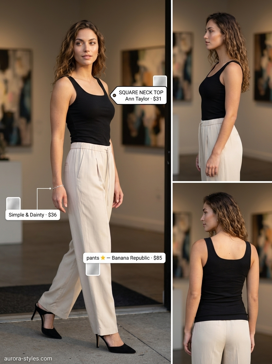 Minimalist summer outfit for women: black square neck top, beige wide-leg trousers, mules. Chic and modern.