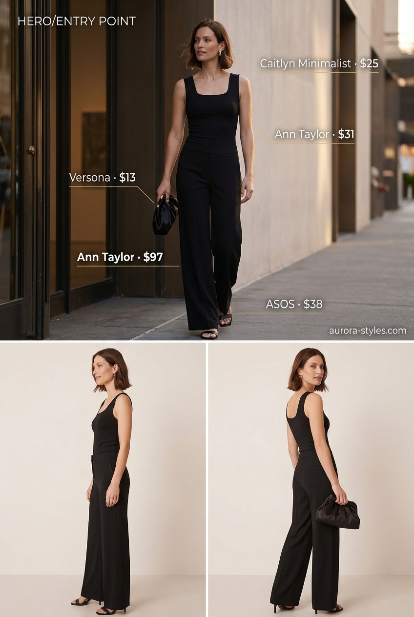 Monochrome Magic Square Neck outfit: Black fitted top, wide-leg pants, heeled sandals. Sophisticated summer Square Neck outfits for women 2026.
