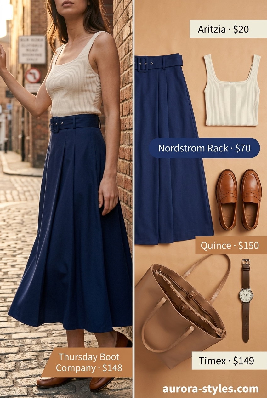Modern prep navy midi skirt with white square neck knit top for summer Square Neck outfits for women 2026.
