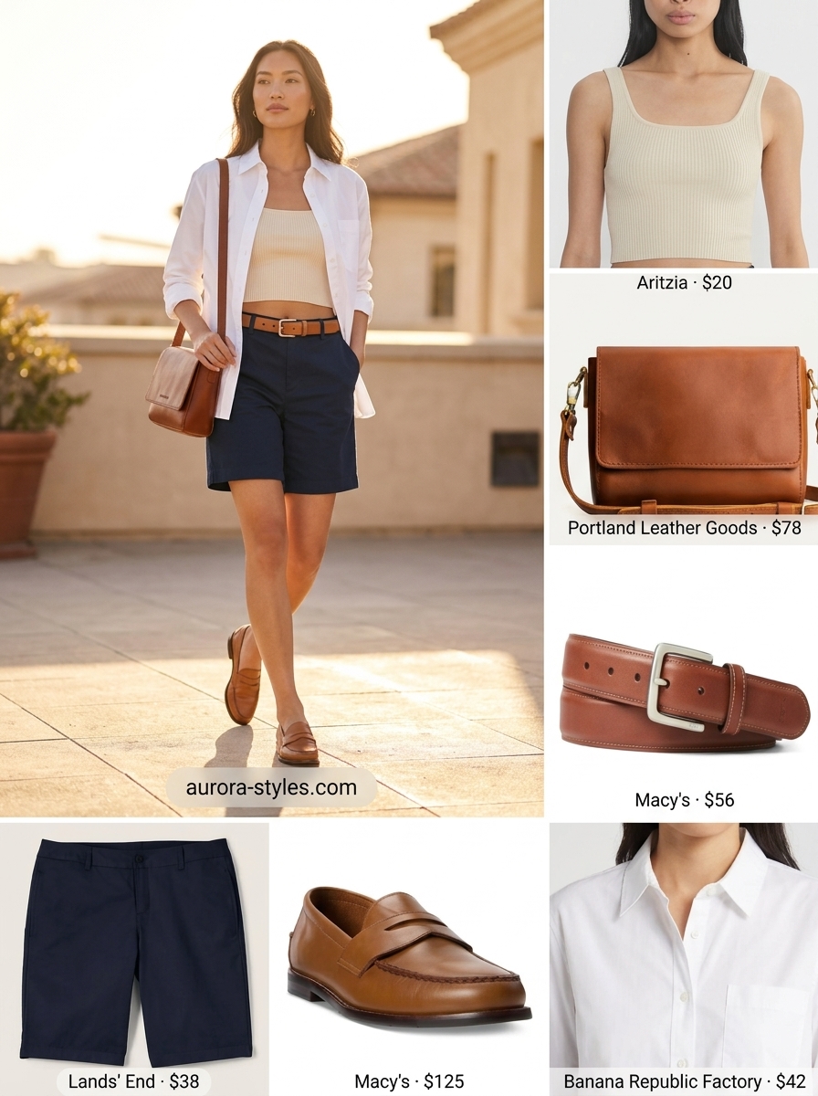 Smart casual summer Square Neck outfits for women 2026: navy chino shorts, white square neck shirt, tan loafers.