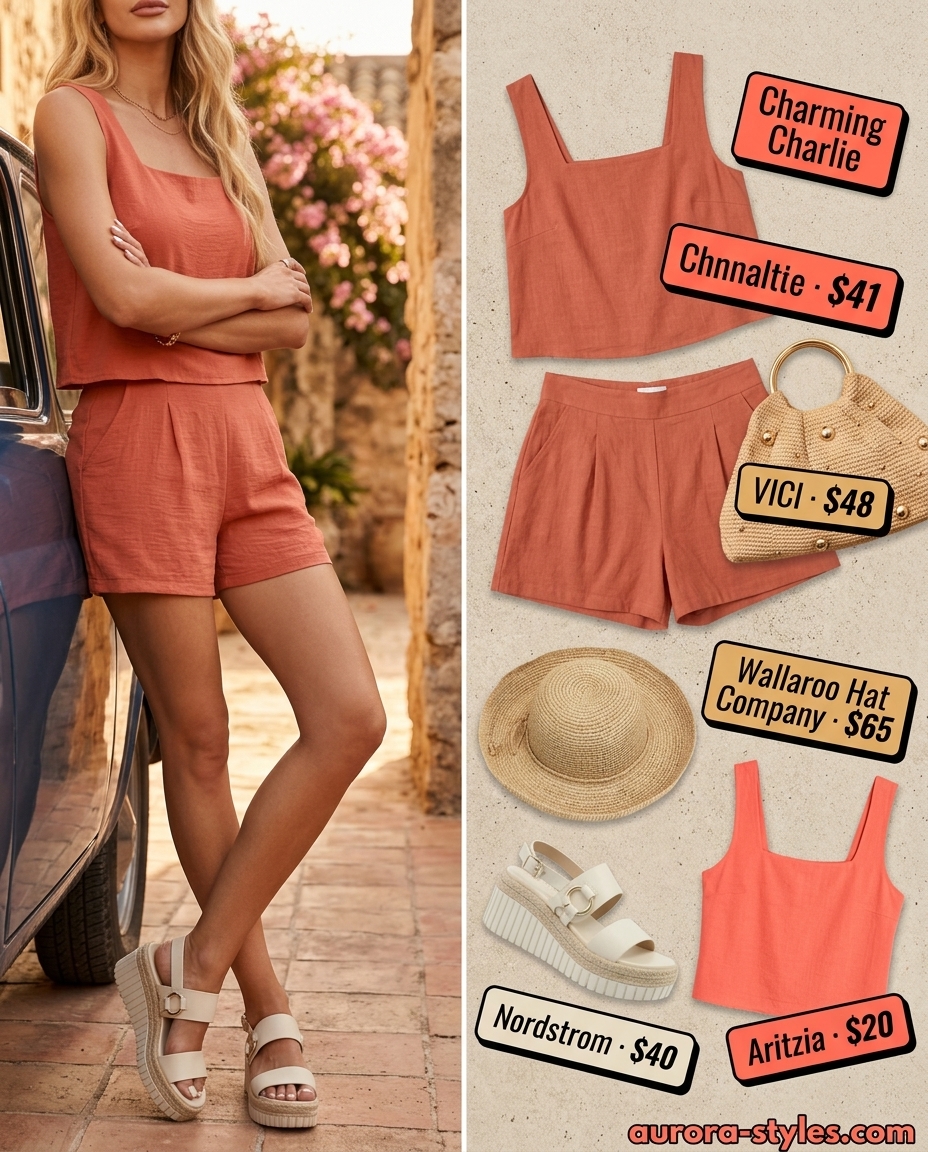 Chic terracotta linen shorts set with square neck crop top for summer Square Neck outfits for women 2026.