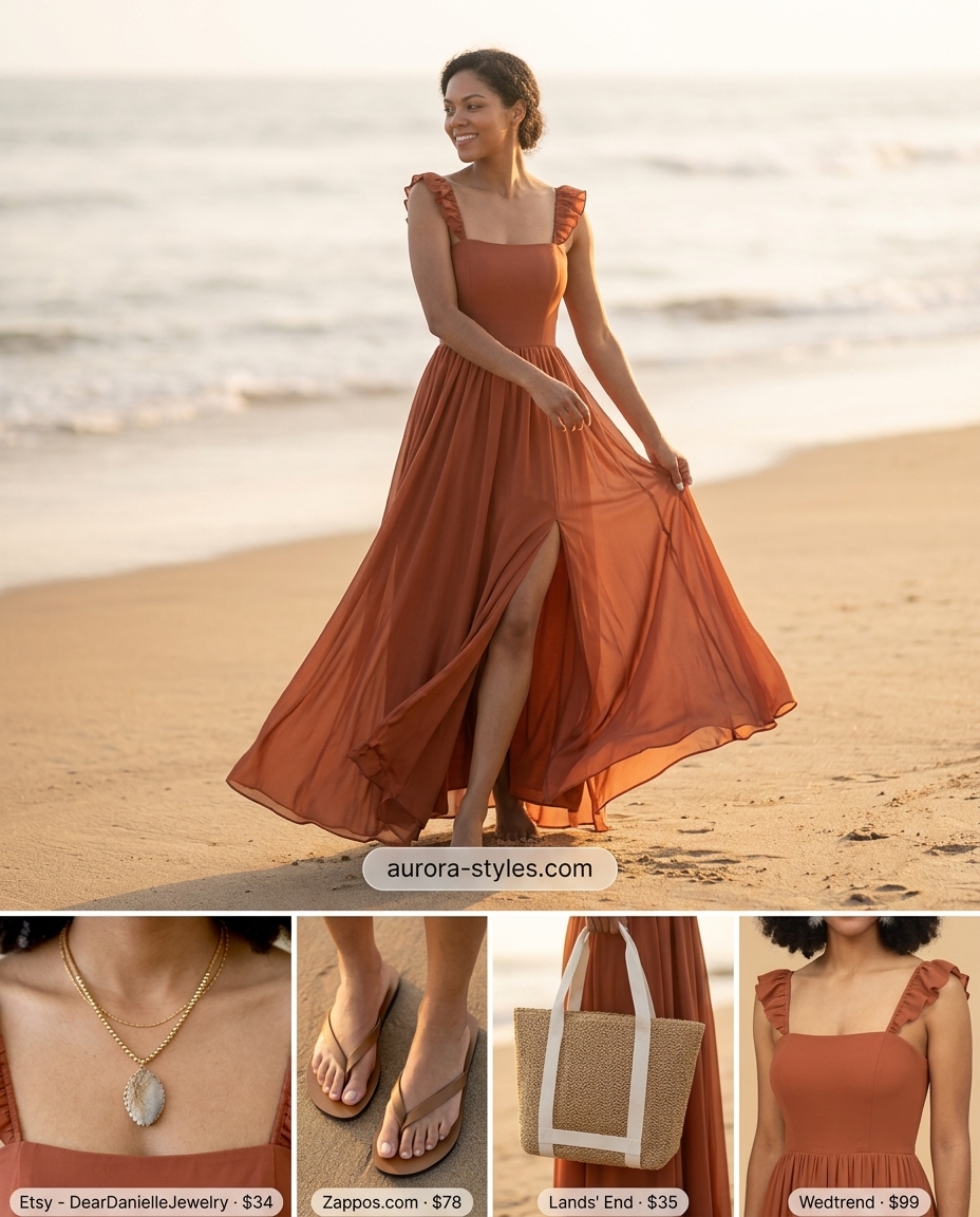 Terracotta maxi dress with square neck and flowy sleeves, perfect for summer Square Neck outfits for women 2026 beach dinners.