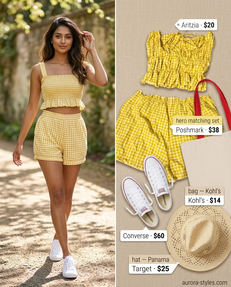 Playful yellow gingham square neck shorts set for summer Square Neck outfits for women 2026 picnics.