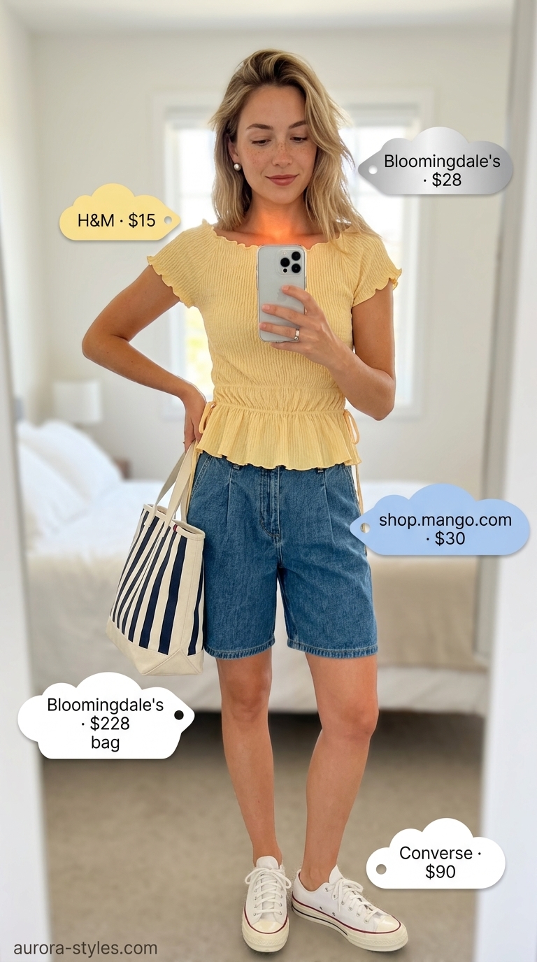 Casual summer day out outfit for women: yellow square neck top, light wash shorts, white sneakers. Perfect for errands.