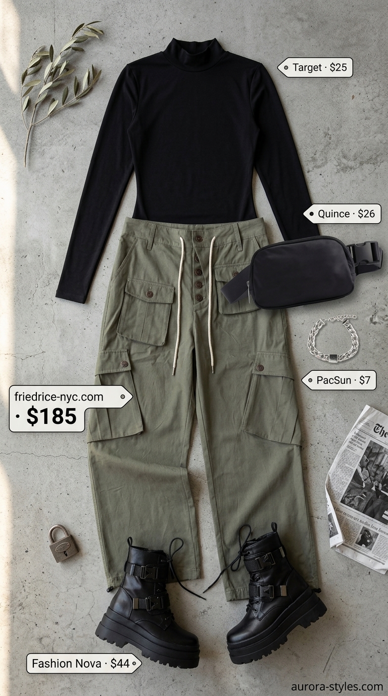 Edgy olive green cargo pants, black bodysuit, and combat boots for summer street style outfits for women with rectangle shape 2026.